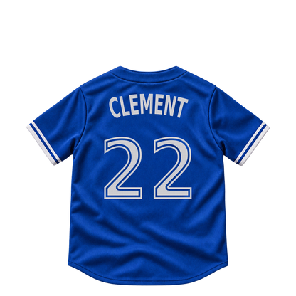 Toronto Blue Jays jersey keychain — Ernie Clement #22. Exact saved player artwork preview.