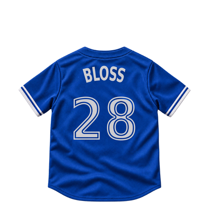Toronto Blue Jays jersey keychain — Jake Bloss #28. Exact saved player artwork preview.