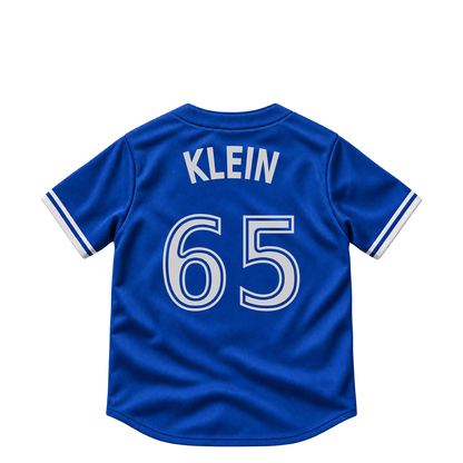 Toronto Blue Jays jersey keychain — John Klein #65. Exact saved player artwork preview.