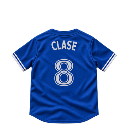 Toronto Blue Jays jersey keychain — Jonatan Clase #8. Exact saved player artwork preview.