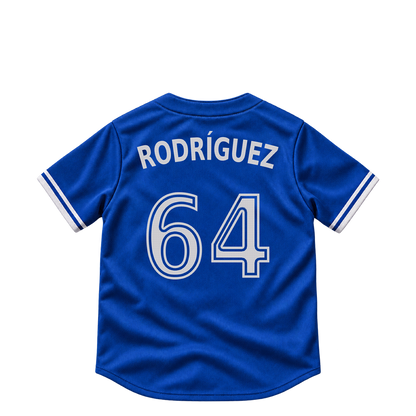 Toronto Blue Jays jersey keychain — Jose Rodriguez #64. Exact saved player artwork preview.