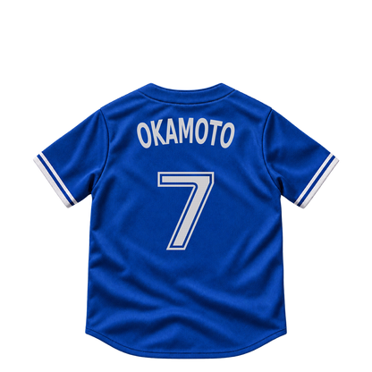 Toronto Blue Jays jersey keychain — Kazuma Okamoto #7. Exact saved player artwork preview.