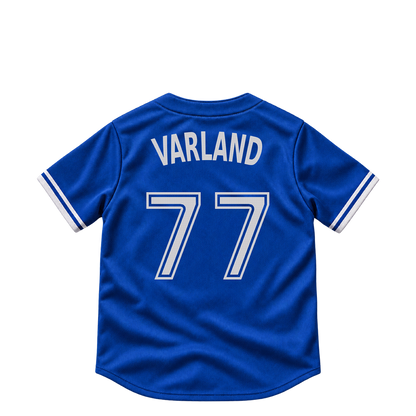 Toronto Blue Jays jersey keychain — Louis Varland #77. Exact saved player artwork preview.