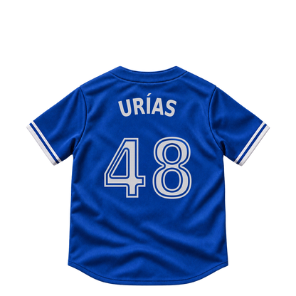 Toronto Blue Jays jersey keychain — Luis Urias #48. Exact saved player artwork preview.
