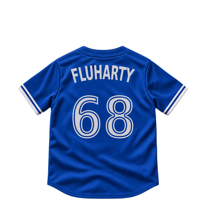 Toronto Blue Jays jersey keychain — Mason Fluharty #68. Exact saved player artwork preview.