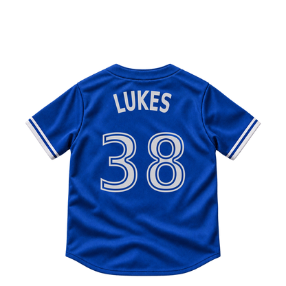 Toronto Blue Jays jersey keychain — Nathan Lukes #38. Exact saved player artwork preview.