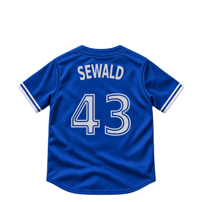 Toronto Blue Jays jersey keychain — Paul Sewald #43. Exact saved player artwork preview.