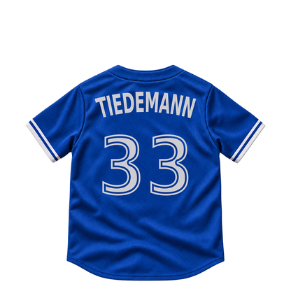 Toronto Blue Jays jersey keychain — Ricky Tiedemann #33. Exact saved player artwork preview.