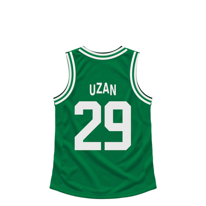 Boston Celtics jersey keychain — Milos Uzan #29. Exact saved player artwork preview.
