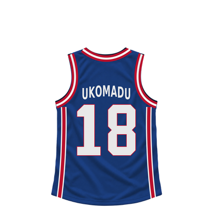 Detroit Pistons jersey keychain — John Ukomadu #18. Exact saved player artwork preview.