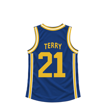 Golden State Warriors jersey keychain — Dalen Terry #21. Exact saved player artwork preview.