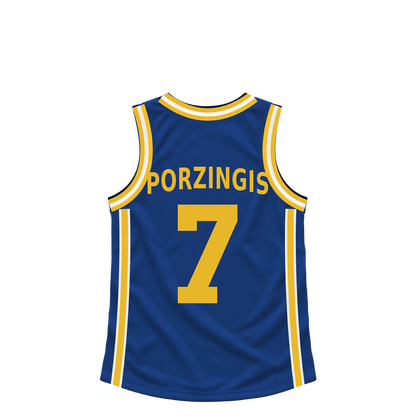 Golden State Warriors jersey keychain — Kristaps Porzingis #7. Exact saved player artwork preview.
