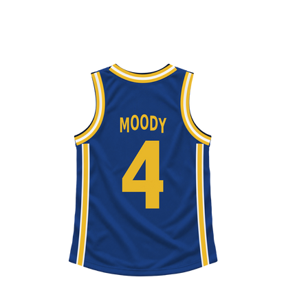 Golden State Warriors jersey keychain — Moses Moody #4. Exact saved player artwork preview.