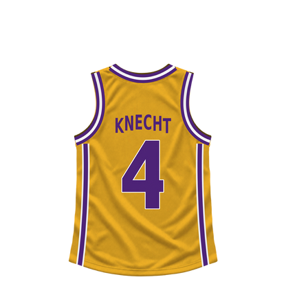 Los Angeles Lakers jersey keychain — Dalton Knecht #4. Exact saved player artwork preview.
