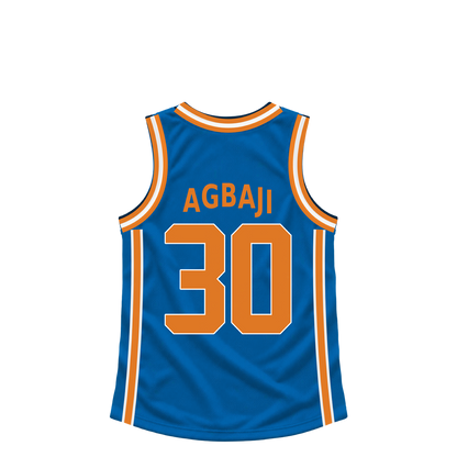 New York Knicks jersey keychain — Ochai Agbaji #30 — Earlier design. Exact saved player artwork preview.