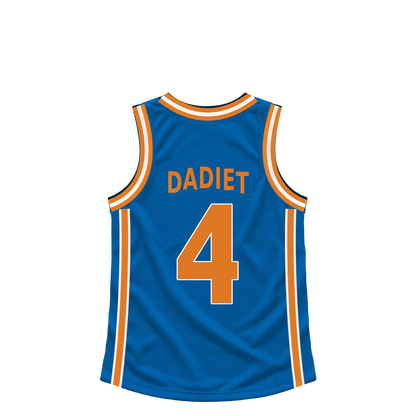 New York Knicks jersey keychain — Pacome Dadiet #4. Exact saved player artwork preview.