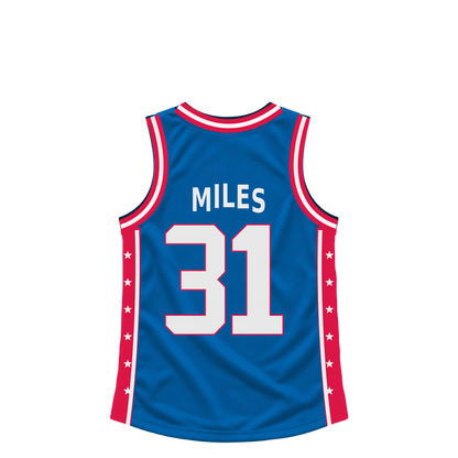 Philadelphia 76Ers jersey keychain — Duke Miles #31 — Earlier design. Exact saved player artwork preview.