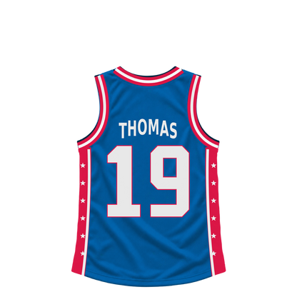 Philadelphia 76Ers jersey keychain — Saint Thomas #19 — Earlier design. Exact saved player artwork preview.