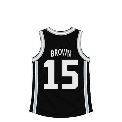 San Antonio Spurs jersey keychain — Maliq Brown #15. Exact saved player artwork preview.