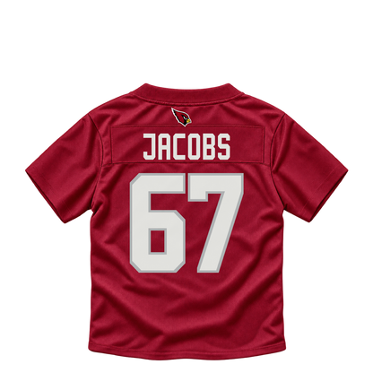 Arizona Cardinals jersey keychain — Demontrey Jacobs #67. Exact saved player artwork preview.
