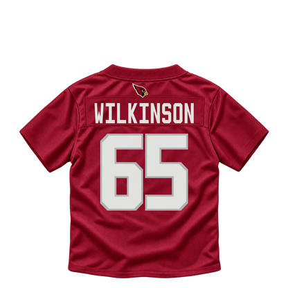 Arizona Cardinals jersey keychain — Elijah Wilkinson #65. Exact saved player artwork preview.