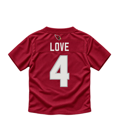 Arizona Cardinals jersey keychain — Jeremiyah Love #4. Exact saved player artwork preview.