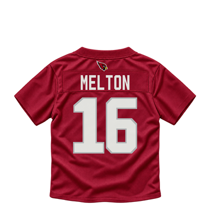 Arizona Cardinals jersey keychain — Max Melton #16. Exact saved player artwork preview.