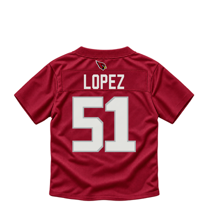Arizona Cardinals jersey keychain — Roy Lopez #51. Exact saved player artwork preview.