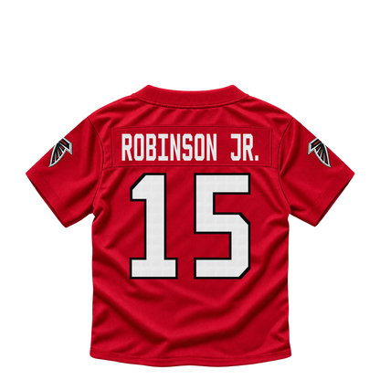 Atlanta Falcons jersey keychain — Brian Robinson Jr. #15. Exact saved player artwork preview.