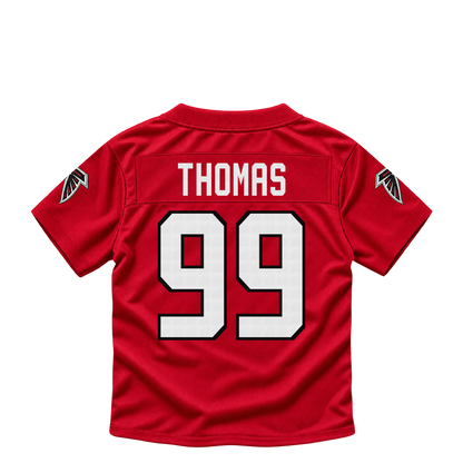 Atlanta Falcons jersey keychain — Cameron Thomas #99. Exact saved player artwork preview.