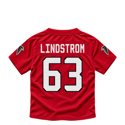 Atlanta Falcons jersey keychain — Chris Lindstrom #63. Exact saved player artwork preview.