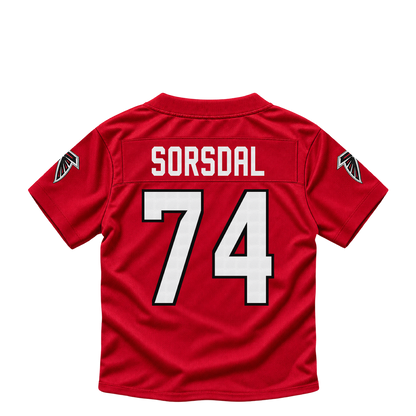 Atlanta Falcons jersey keychain — Colby Sorsdal #74. Exact saved player artwork preview.