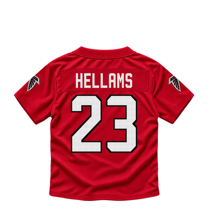 Atlanta Falcons jersey keychain — DeMarcco Hellams #23. Exact saved player artwork preview.