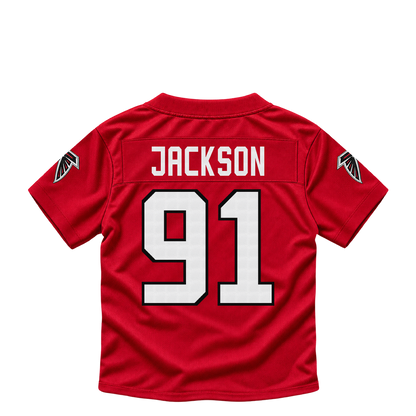 Atlanta Falcons jersey keychain — Drake Jackson #91. Exact saved player artwork preview.