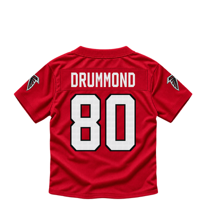 Atlanta Falcons jersey keychain — Dylan Drummond #80. Exact saved player artwork preview.