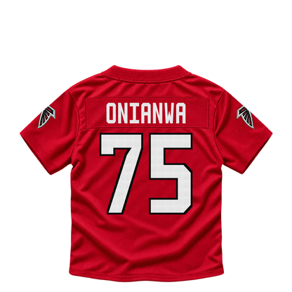 Atlanta Falcons jersey keychain — Ethan Onianwa #75. Exact saved player artwork preview.