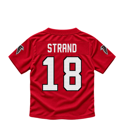 Atlanta Falcons jersey keychain — Jack Strand #18. Exact saved player artwork preview.