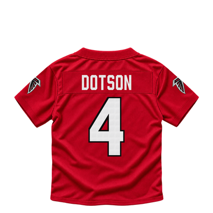 Atlanta Falcons jersey keychain — Jahan Dotson #4. Exact saved player artwork preview.