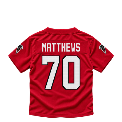 Atlanta Falcons jersey keychain — Jake Matthews #70. Exact saved player artwork preview.