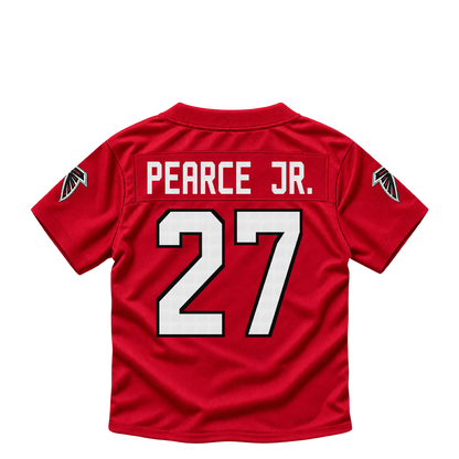 Atlanta Falcons jersey keychain — James Pearce Jr. #27. Exact saved player artwork preview.