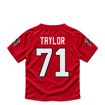 Atlanta Falcons jersey keychain — Jawaan Taylor #71. Exact saved player artwork preview.