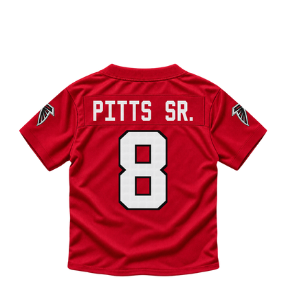 Atlanta Falcons jersey keychain — Kyle Pitts Sr. #8. Exact saved player artwork preview.