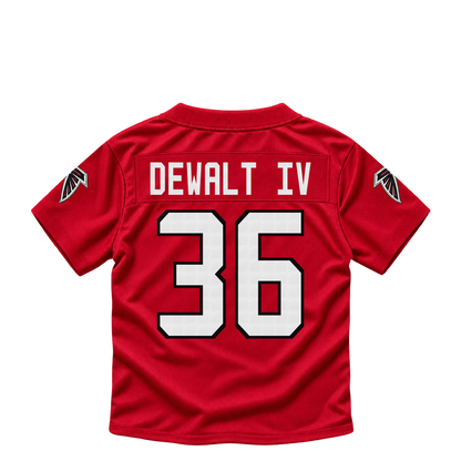 Atlanta Falcons jersey keychain — Malcolm DeWalt IV #36. Exact saved player artwork preview.
