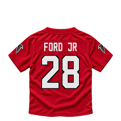 Atlanta Falcons jersey keychain — Mike Ford Jr #28. Exact saved player artwork preview.