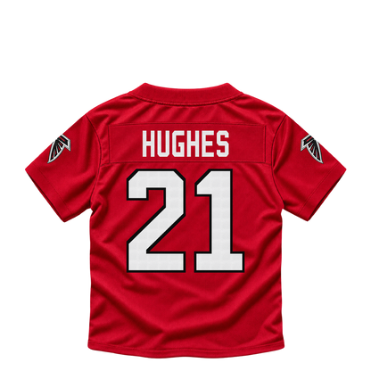 Atlanta Falcons jersey keychain — Mike Hughes #21. Exact saved player artwork preview.