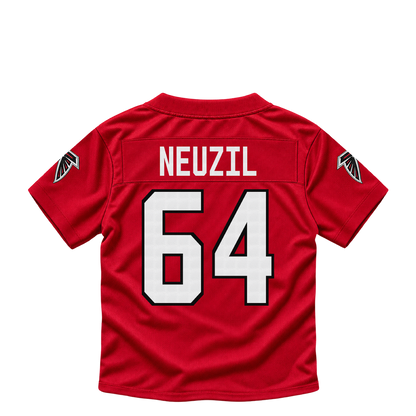 Atlanta Falcons jersey keychain — Ryan Neuzil #64. Exact saved player artwork preview.