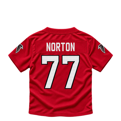 Atlanta Falcons jersey keychain — Storm Norton #77. Exact saved player artwork preview.