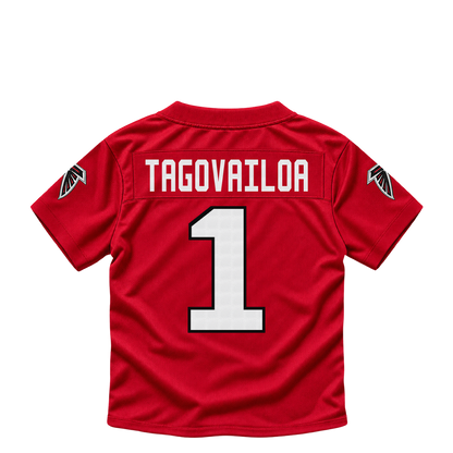 Atlanta Falcons jersey keychain — Tua Tagovailoa #1. Exact saved player artwork preview.