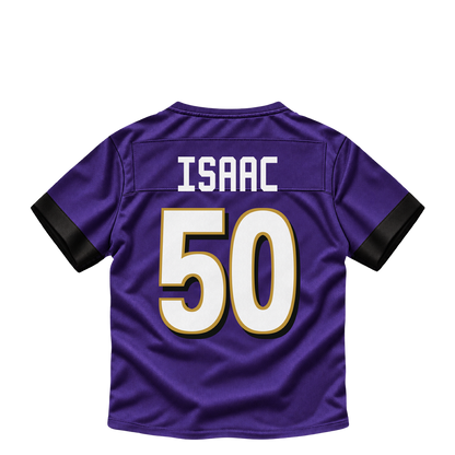 Baltimore Ravens jersey keychain — Adisa Isaac #50. Exact saved player artwork preview.