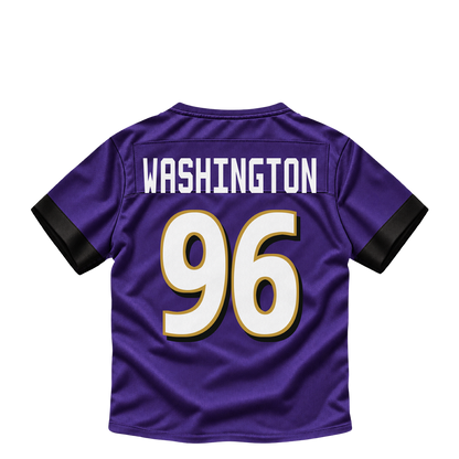 Baltimore Ravens jersey keychain — Broderick Washington Jr. #96. Exact saved player artwork preview.